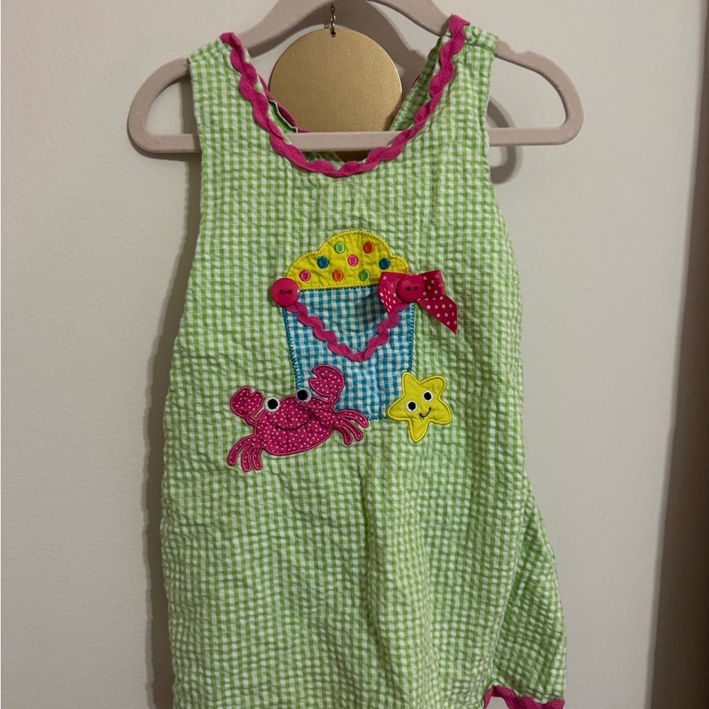 Bonnie Baby GUC Girls 2T. Green Gingham Rickrack Dress Beach Bucket Crab